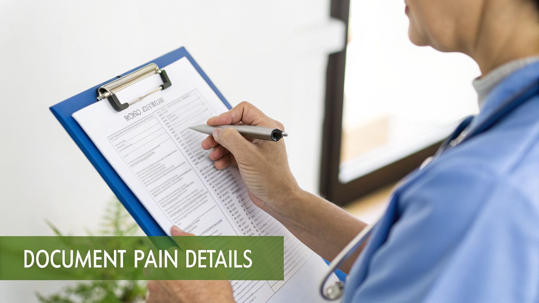 A medical professional in blue scrubs writes on a clipboard, documenting patient pain details.