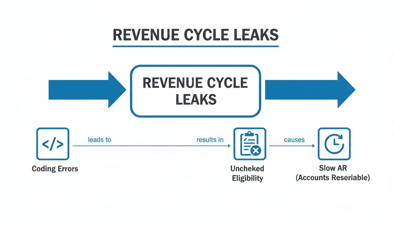 Flowchart illustrates revenue cycle leaks, showing coding errors causing unchecked eligibility and slow accounts receivable.