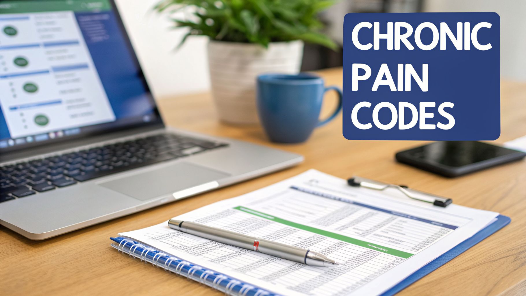 Laptop, documents, and pen on a desk with a 'Chronic Pain Codes' overlay, indicating medical billing.
