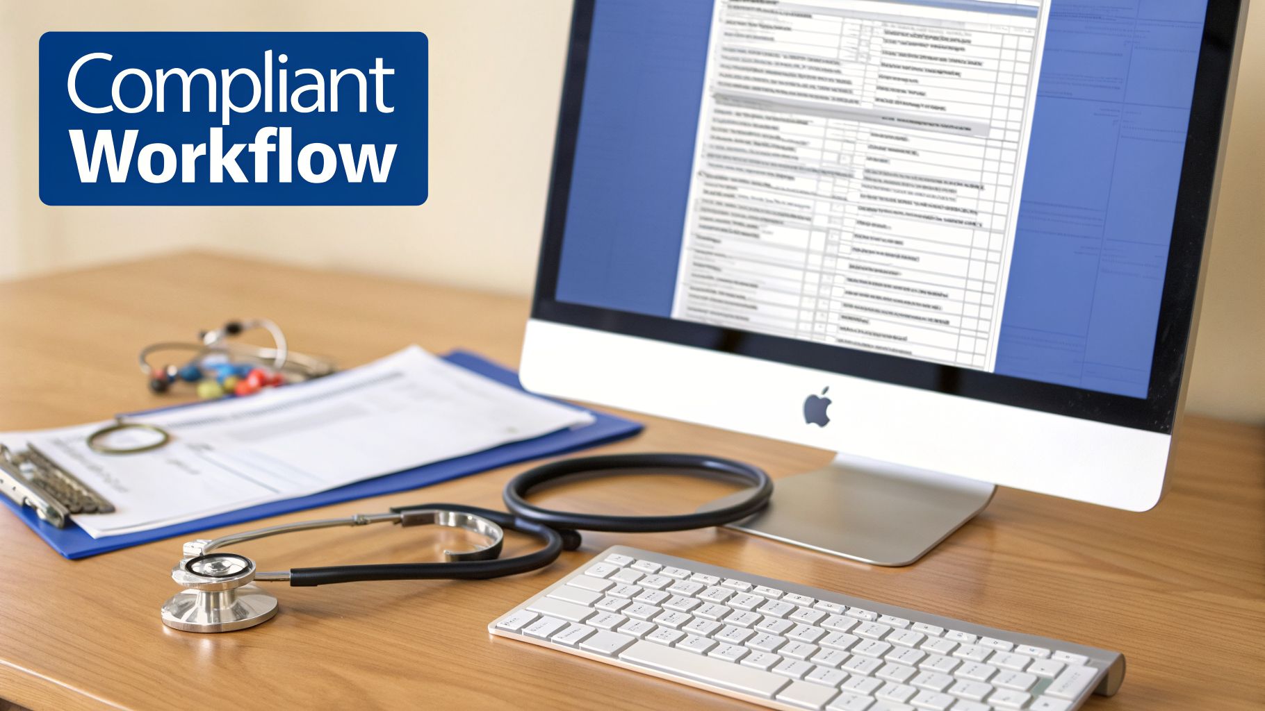 A desktop scene showing a computer screen with a form, a stethoscope, and a clipboard, illustrating compliant medical workflow.