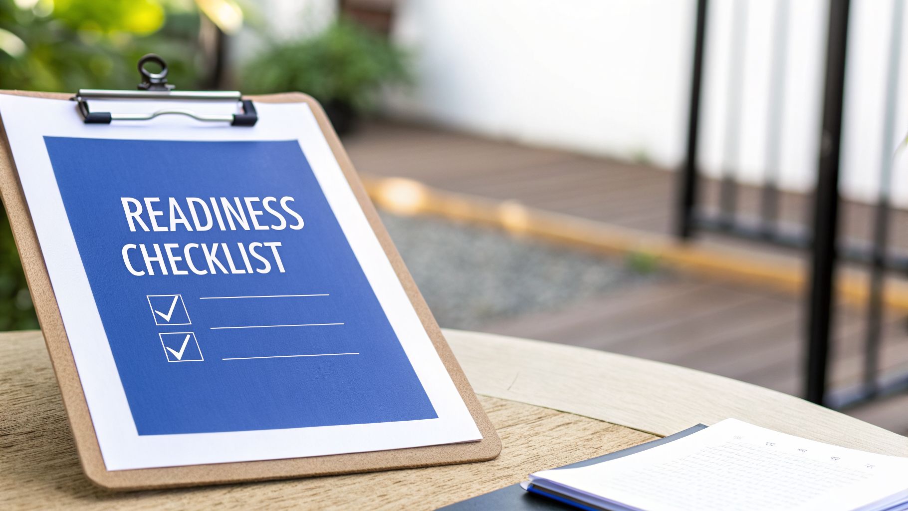 Close-up of a clipboard with a 'READINESS CHECKLIST' on a table, two items checked.
