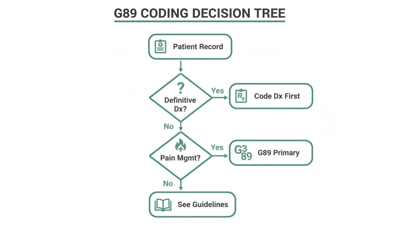 A G89 coding decision tree flowchart illustrating the steps for diagnosis and pain management.