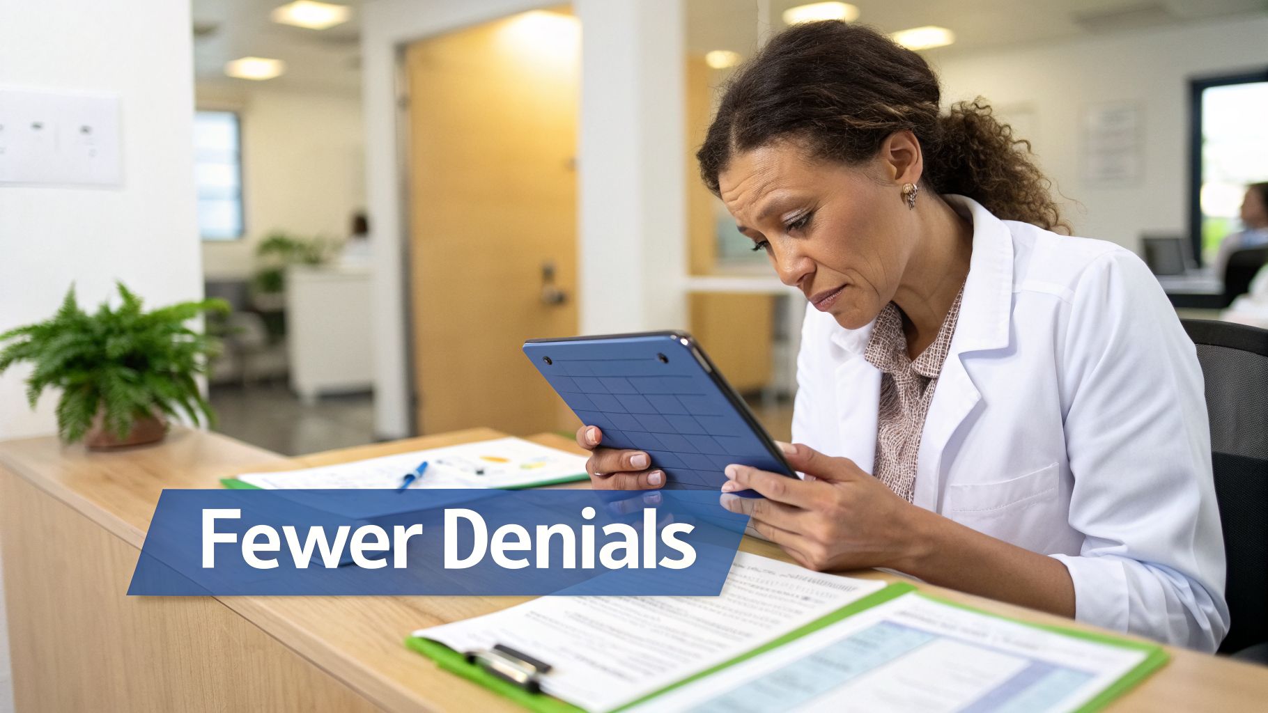 A focused healthcare professional in a white lab coat examines a tablet at a desk, with 'Fewer Denials' visible.