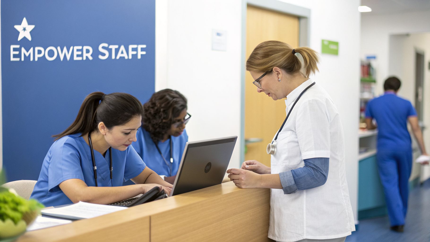 Medical staff working at a hospital reception desk, using laptops and discussing patient care.