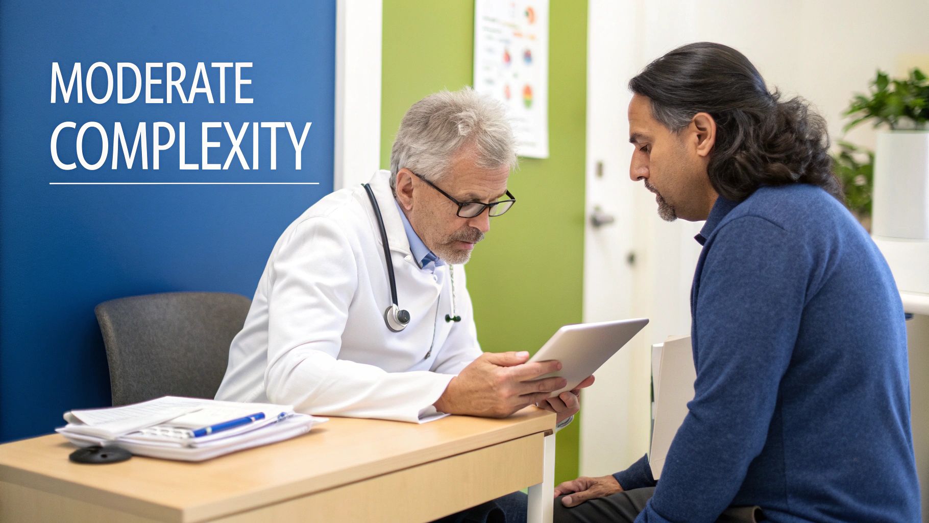 A doctor reviews a tablet with a patient during a medical consultation with 'MODERATE COMPLEXITY' text.