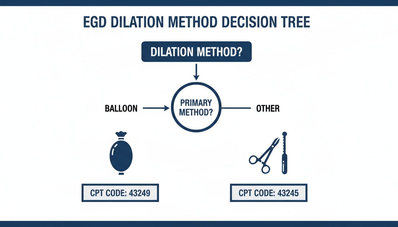 Decision tree for EGD dilation methods, distinguishing between balloon (43249) and other methods (43245).