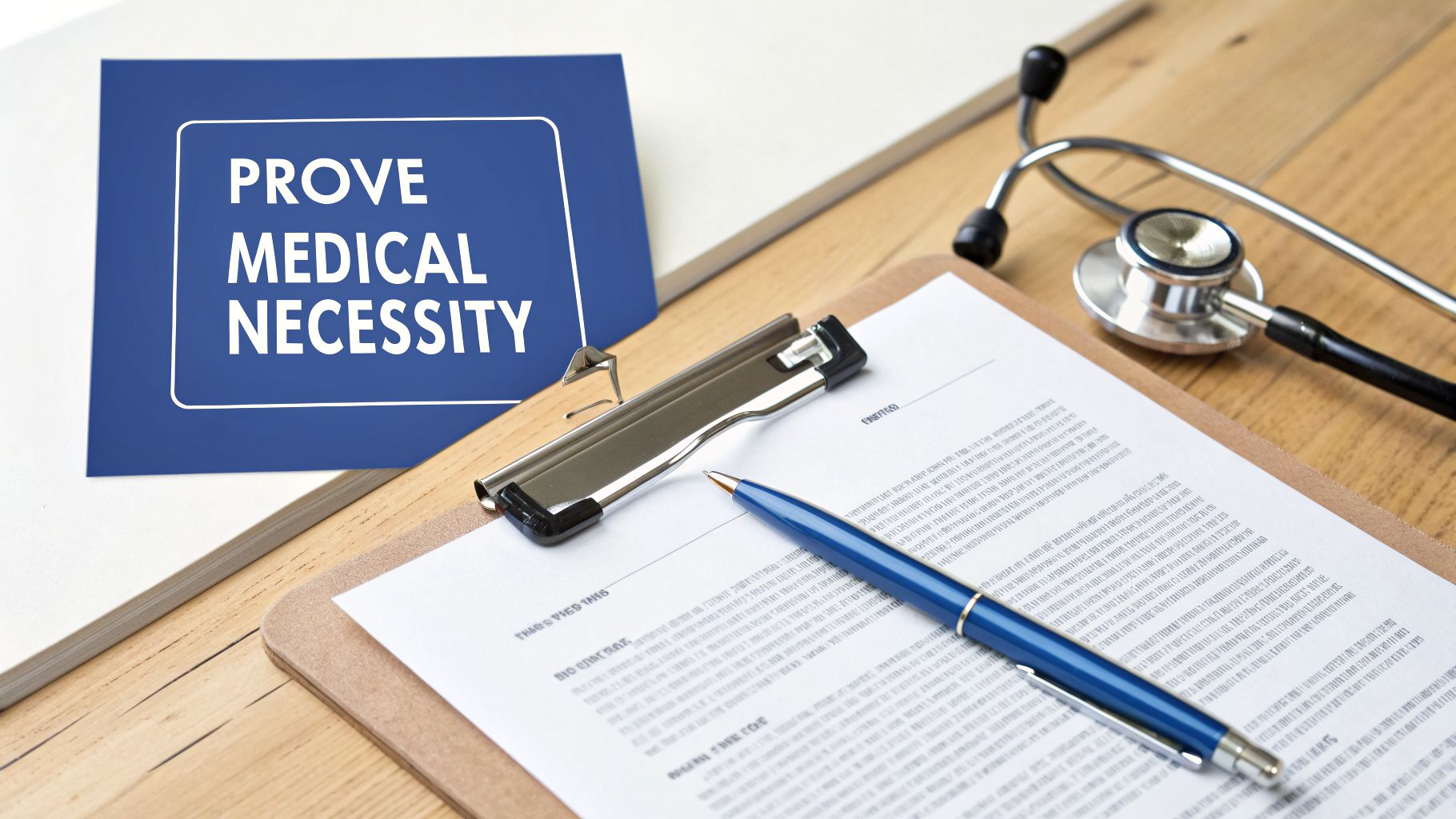 A blue sign reading 'PROVE MEDICAL NECESSITY' next to a stethoscope and document on a clipboard.