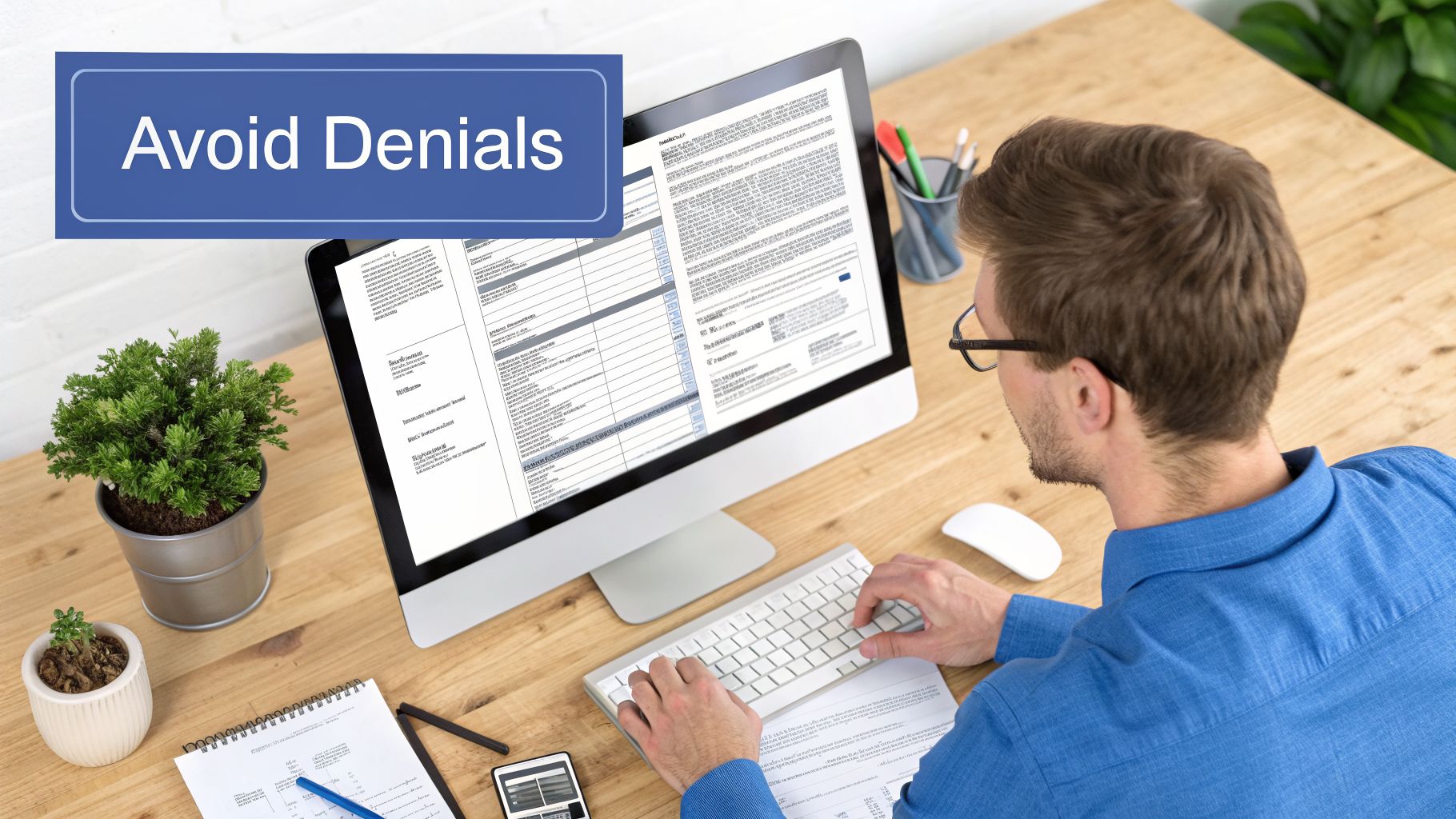 Young man in glasses working at a computer on a wooden desk, with 'Avoid Denials' banner.