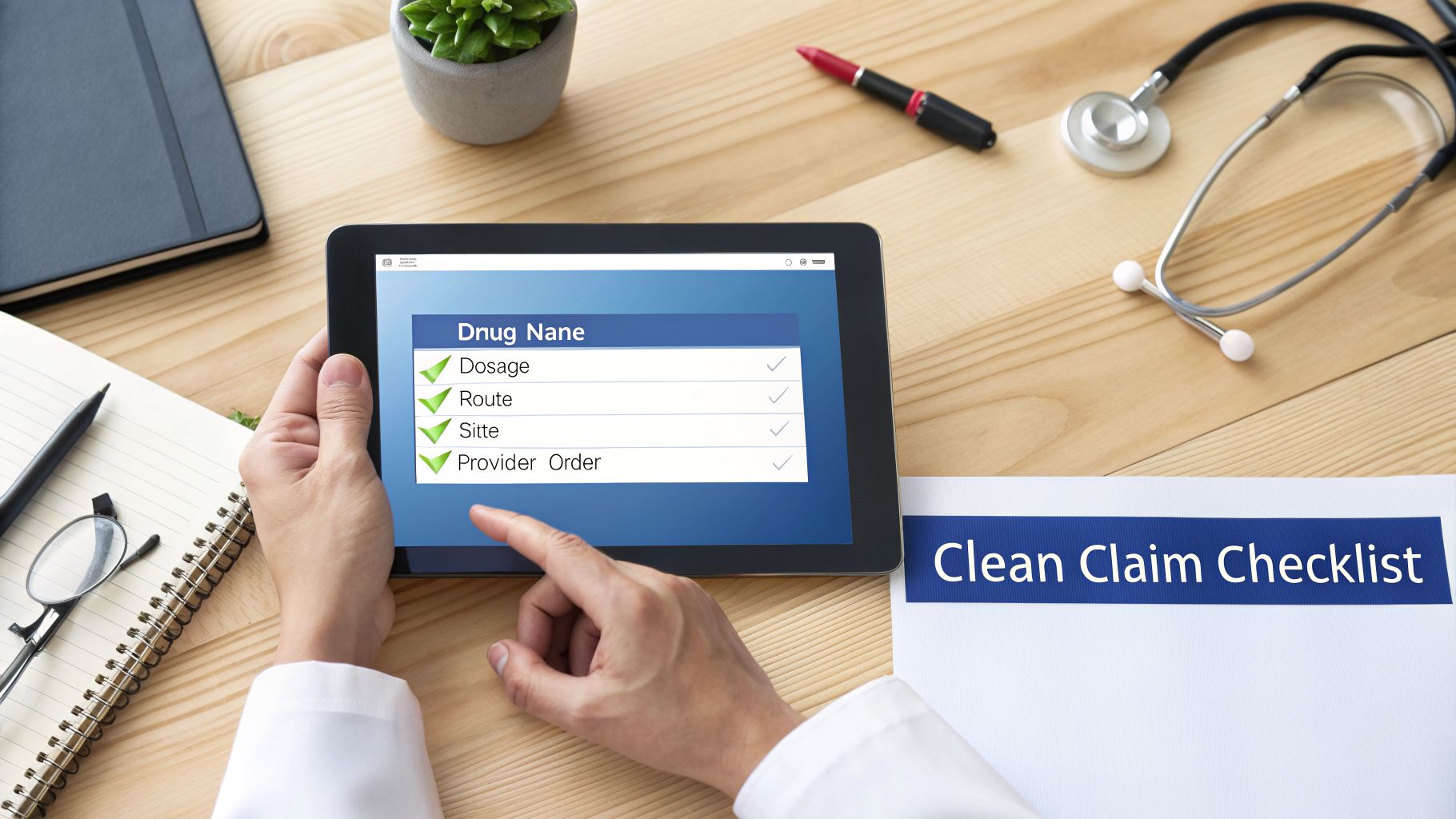A healthcare professional reviews a digital drug administration checklist on a tablet, with a 'Clean Claim Checklist' nearby.
