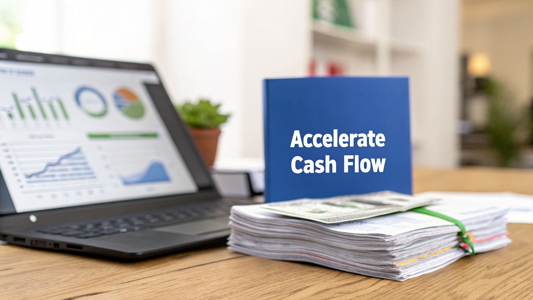 Laptop displaying financial charts, a folder reading 'Accelerate Cash Flow,' and a stack of cash on a desk.