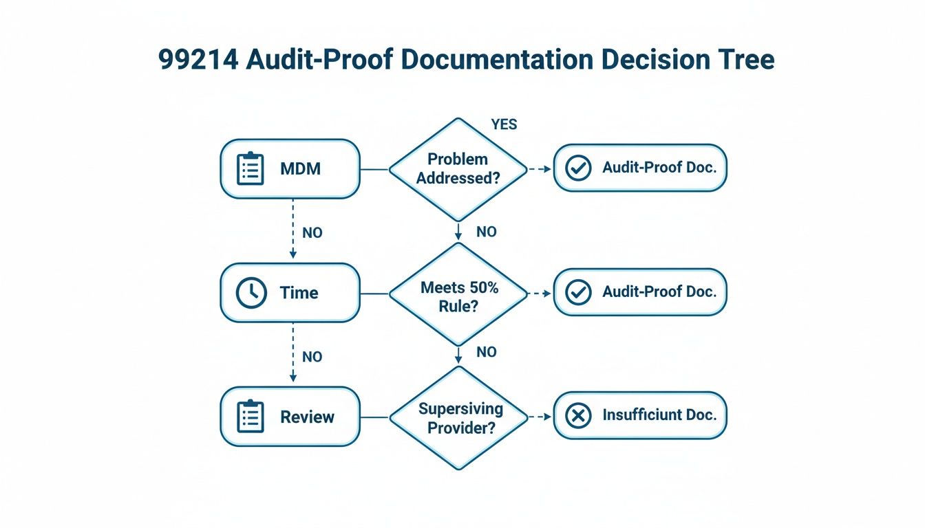 Flowchart illustrating the 99214 audit-proof documentation decision tree for medical coding.