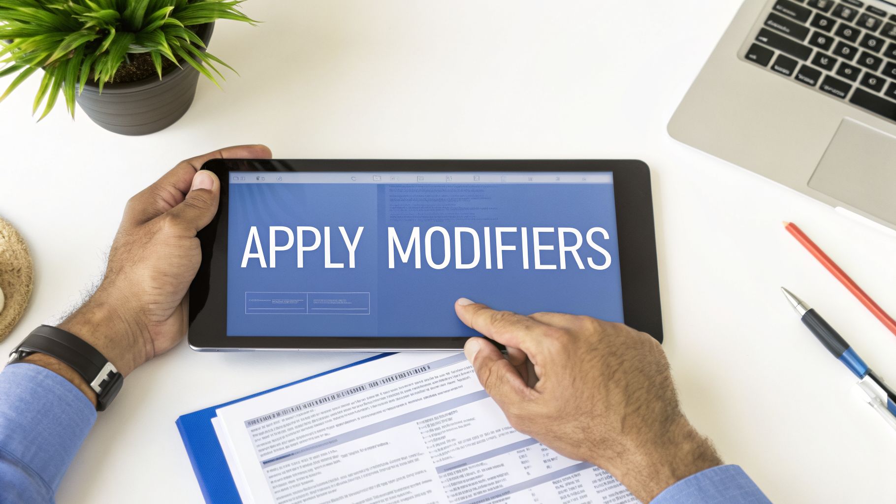 Person's hands holding a tablet with 'APPLY MODIFIERS' text on a blue screen at a desk.