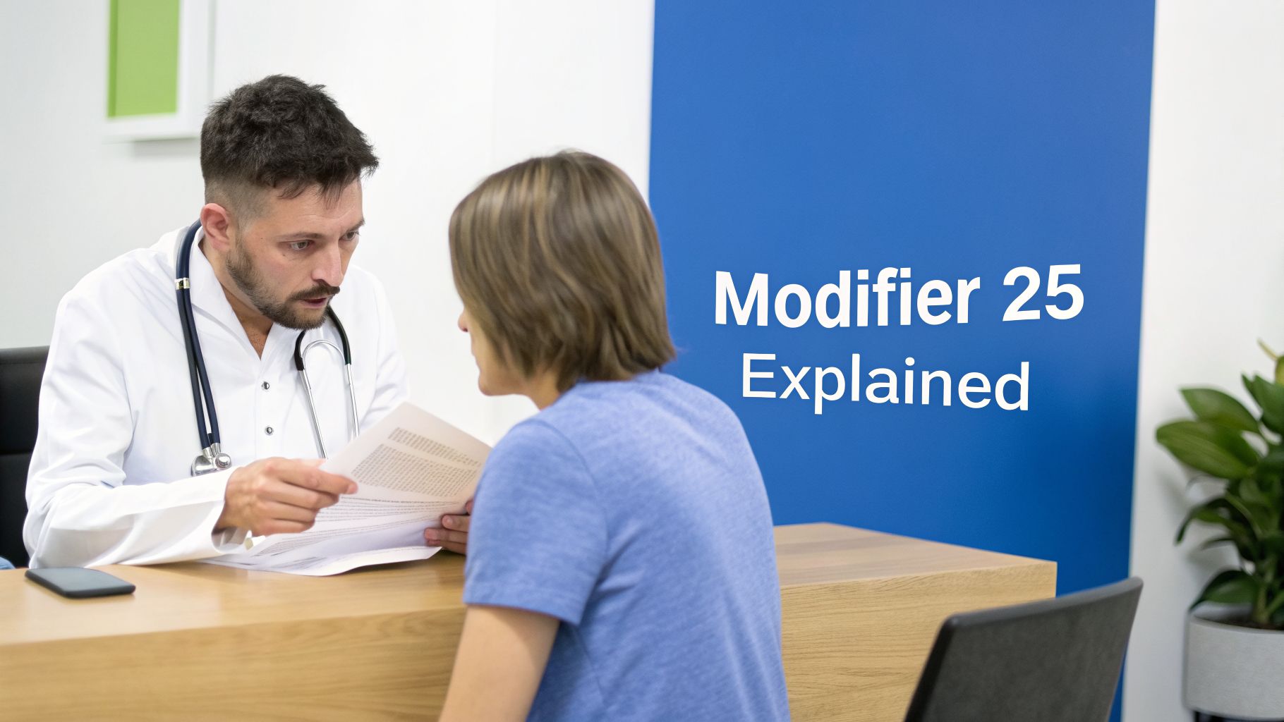 A doctor in a white coat discusses documents with a patient, with "Modifier 25 Explained" on a blue banner.