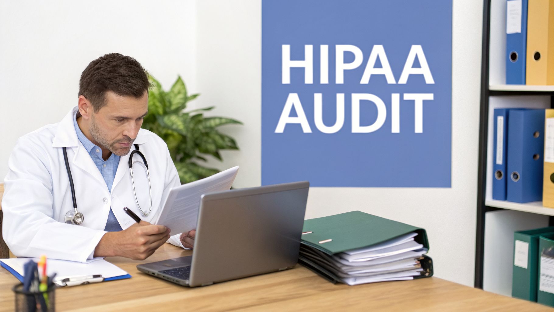 A male doctor in a white coat reviewing documents during a HIPAA audit at his office desk.