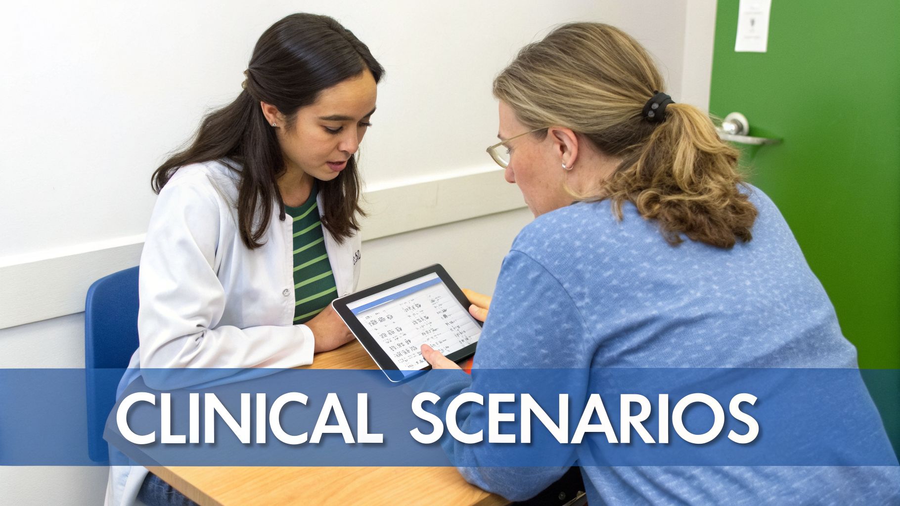 A medical professional and a patient review clinical scenarios on a tablet device.