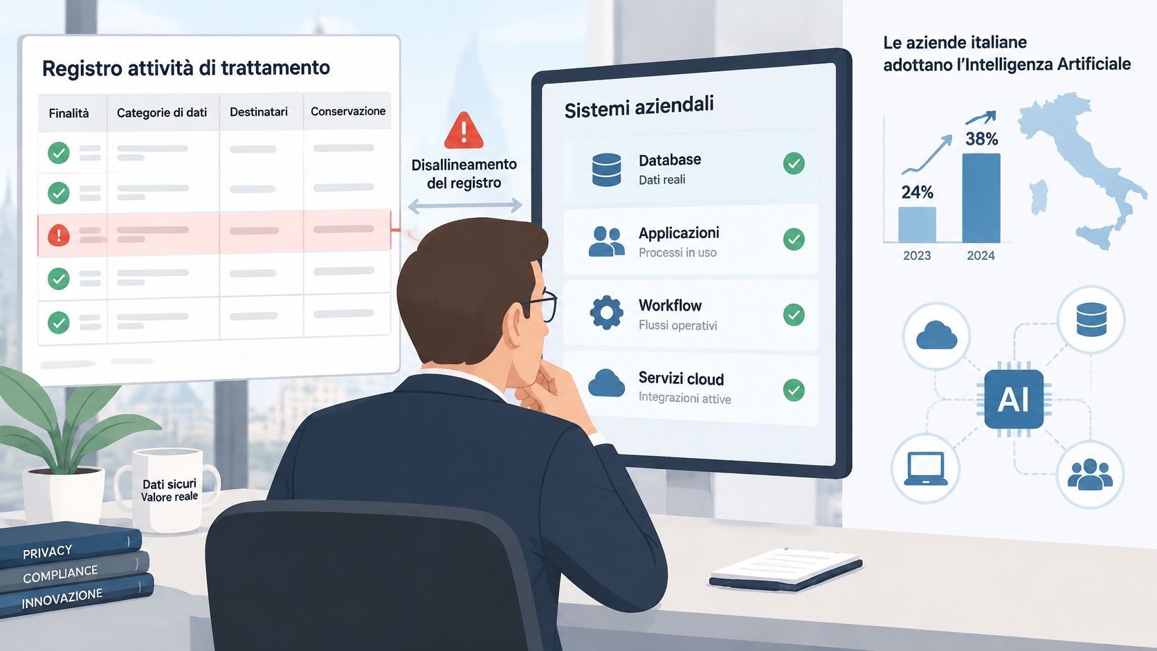 Un professionista che osserva un grafico sul disallineamento tra il registro delle attività di trattamento e i sistemi aziendali.