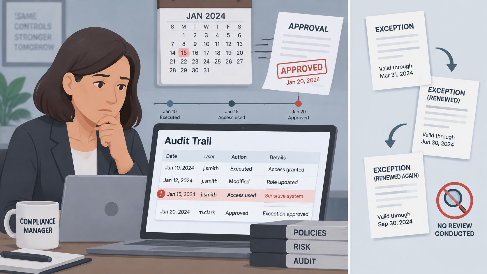 Una manager della conformità analizza un registro di controllo digitale e documenti di eccezione su uno schermo.