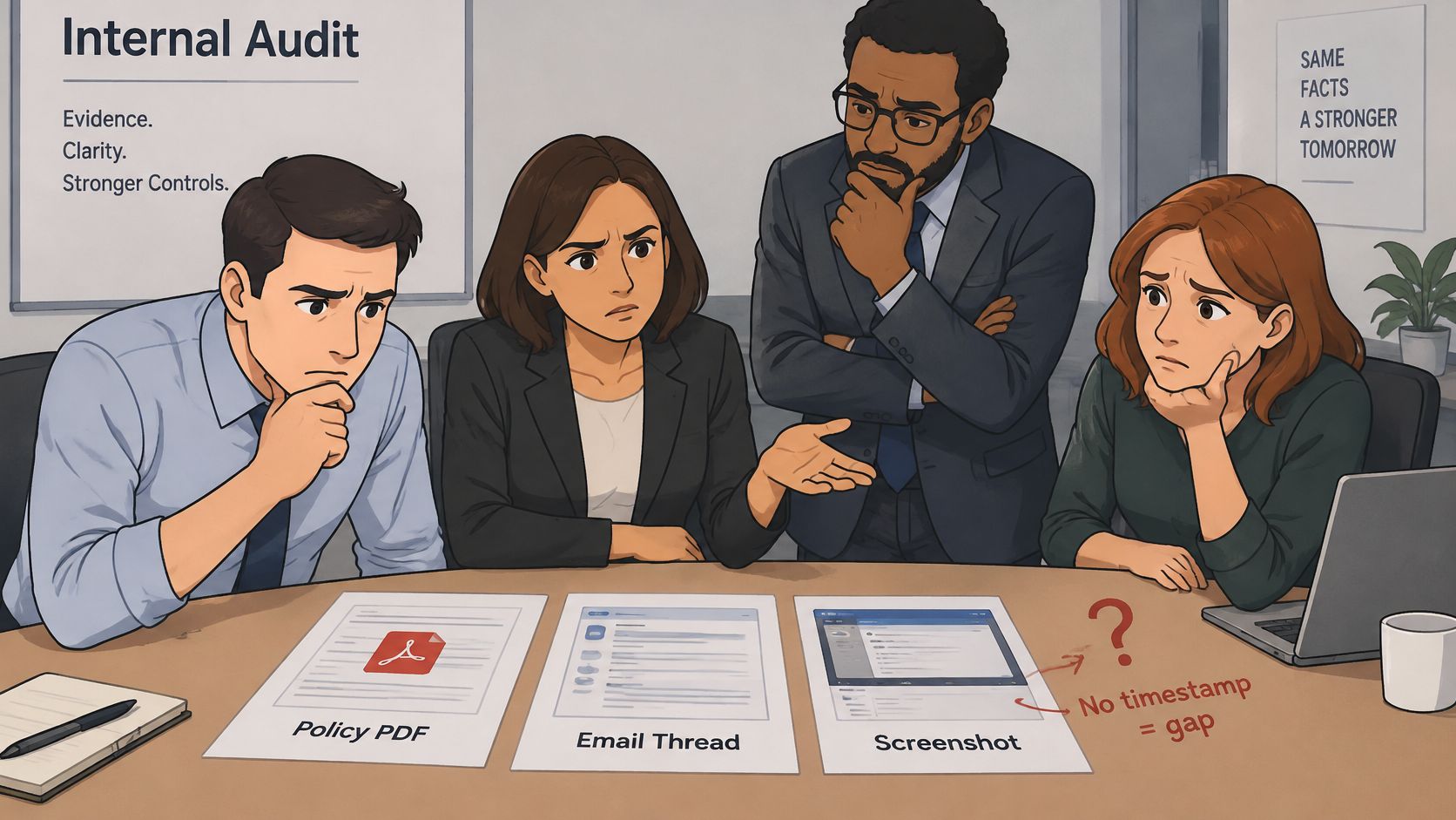 Un gruppo di professionisti analizza documenti aziendali ed evidenze durante una riunione di audit.