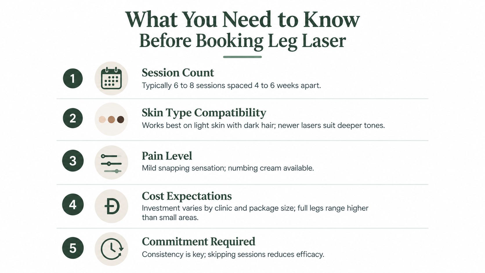 A list outlining five essential facts to consider before booking laser hair removal treatment for your legs.