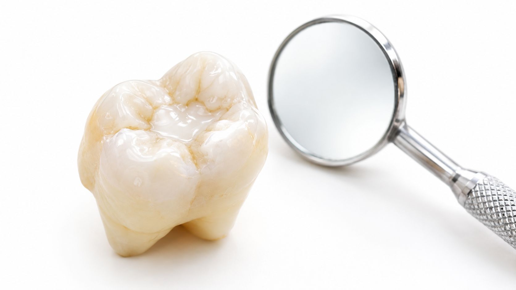 A close-up view of a dental crown or tooth model next to a professional dental mirror