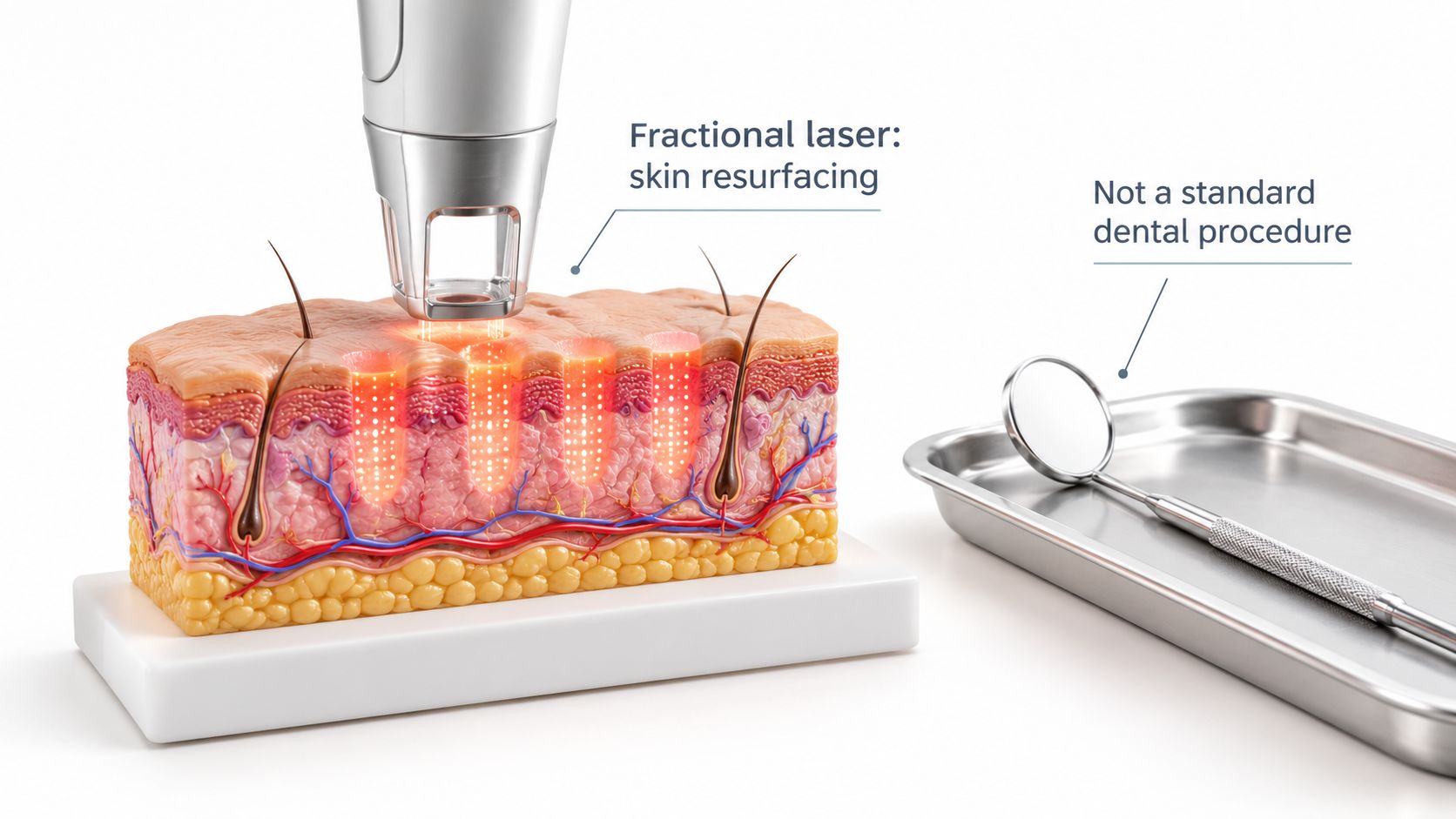 A 3D medical illustration showing a fractional laser device performing a skin resurfacing procedure on human skin.