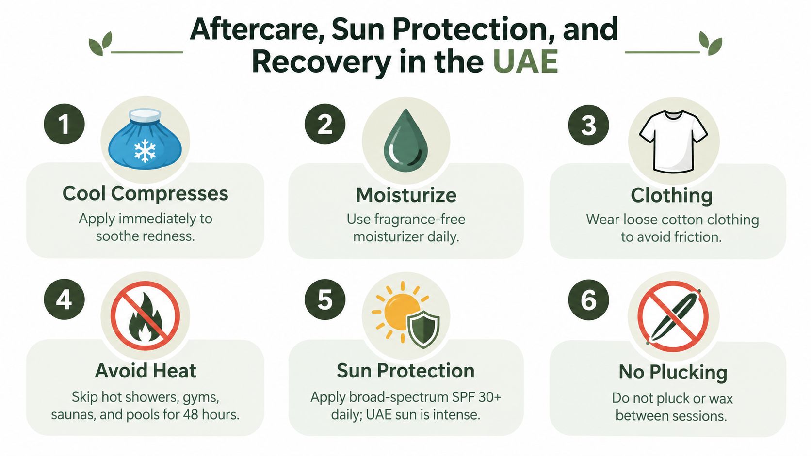 A six-step infographic detailing essential skincare aftercare, sun protection, and recovery tips for UAE residents.