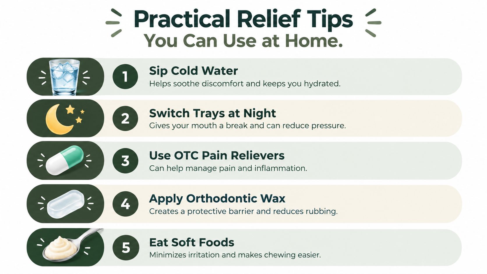A list of five practical relief tips for clear aligner users to manage discomfort at home.