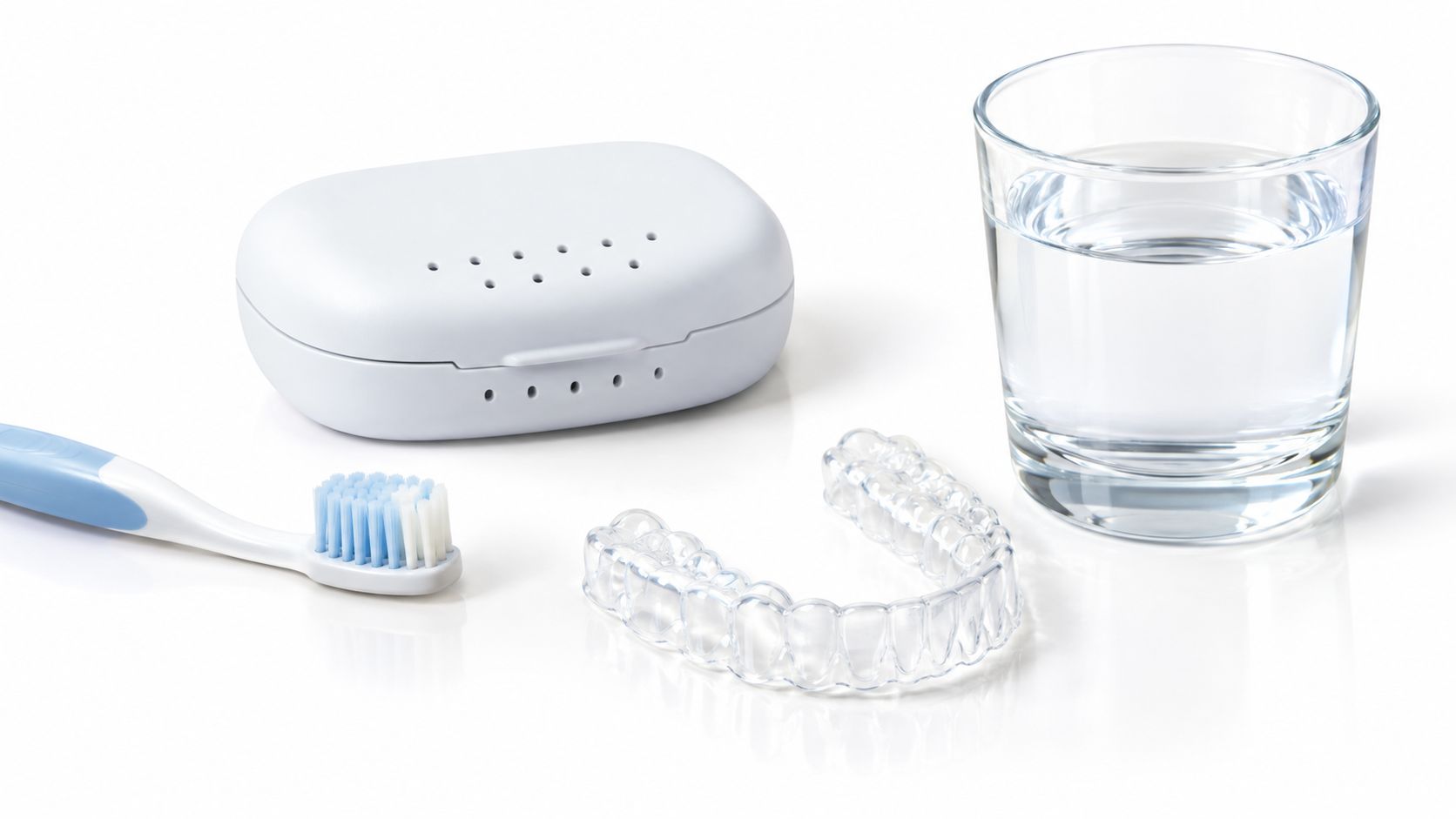 A clear dental aligner tray, a toothbrush, a white storage case, and a glass of water.