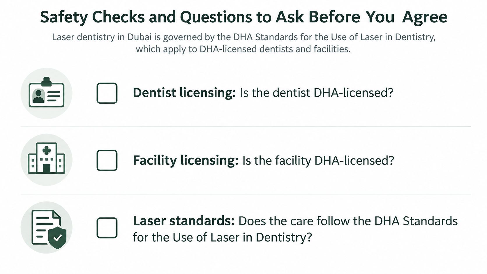 A safety checklist for patients considering laser dental treatments to ensure the facility and dentist are DHA-licensed.