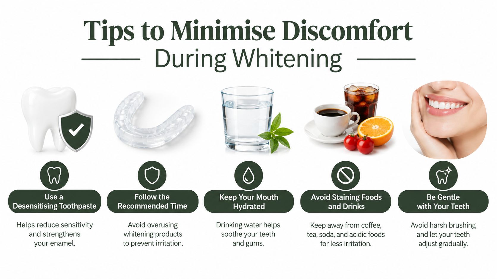 An infographic showing five helpful tips to minimize discomfort during the teeth whitening process for sensitive teeth.