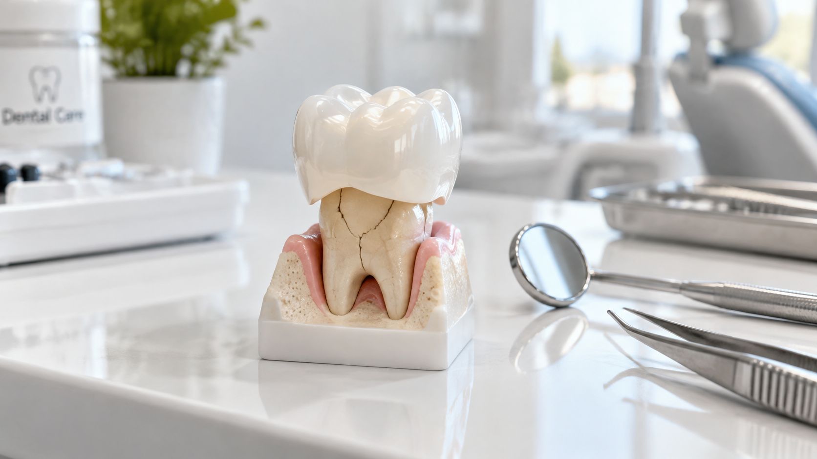 A detailed model of a human tooth with a dental crown showing structural damage on a desk.