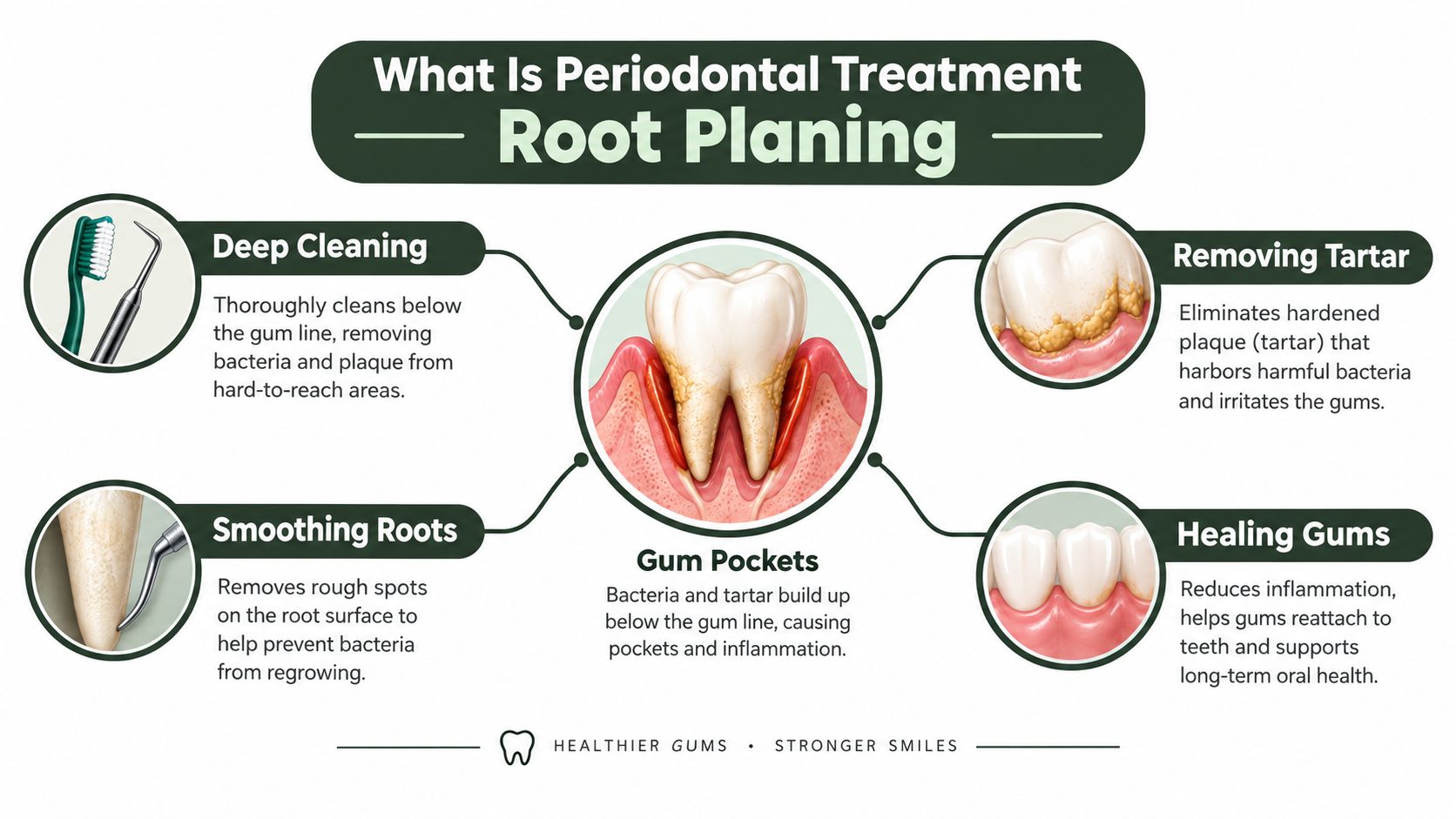 An infographic explaining periodontal root planing treatment, showing how deep cleaning removes tartar and promotes healthy gums.