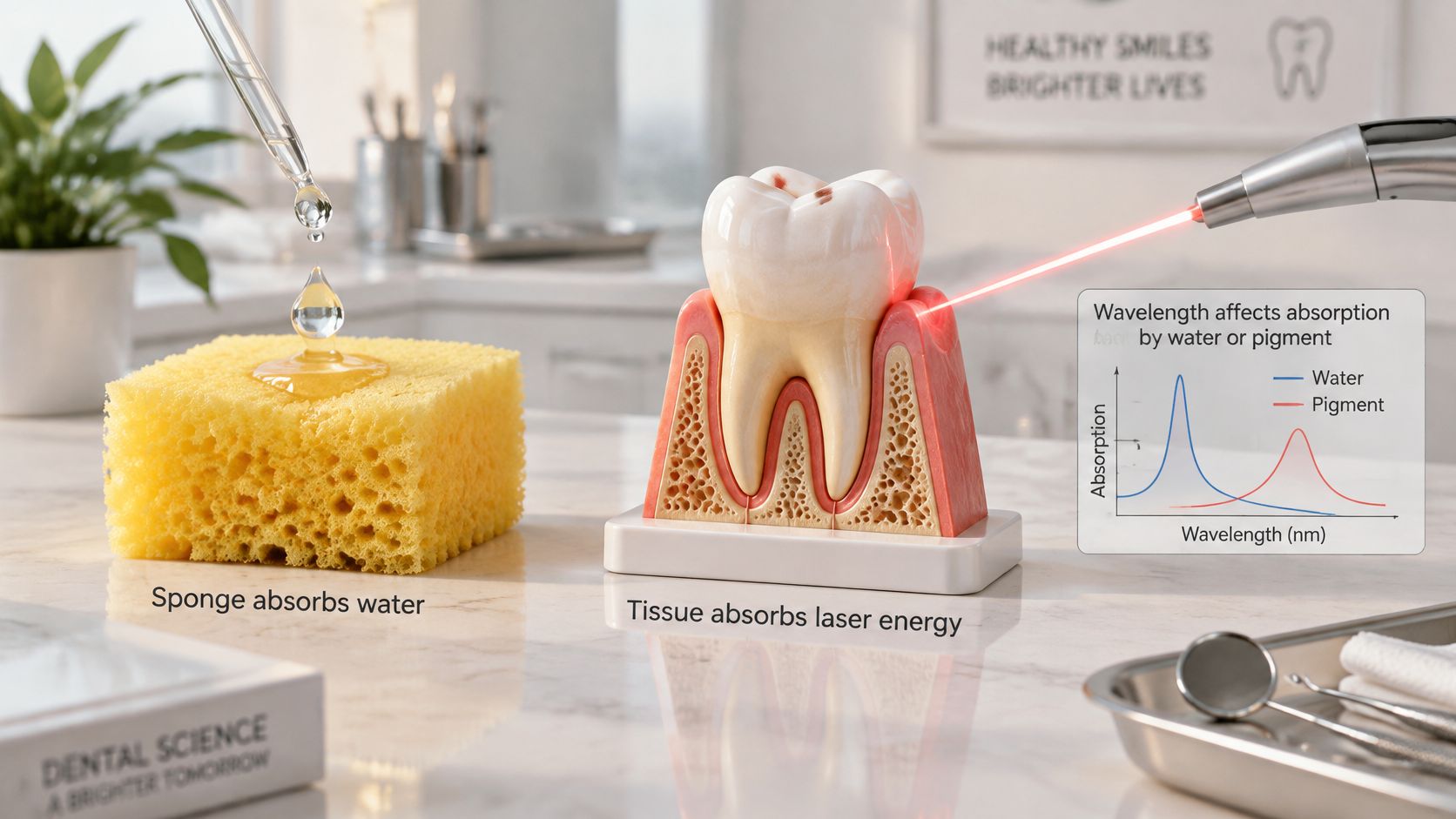 A conceptual model illustrating how dental lasers interact with tissue compared to how sponges absorb water.