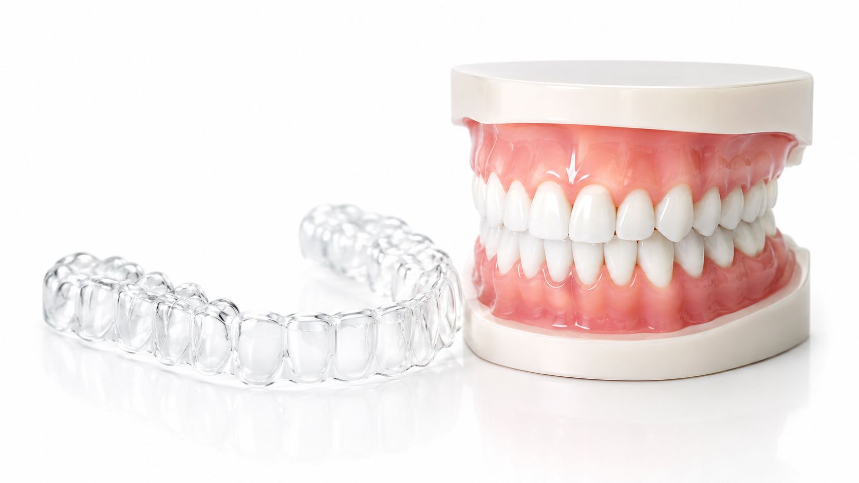 A clear dental aligner tray placed next to a plastic model of human teeth and gums.