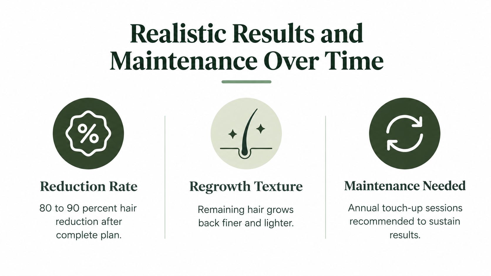 A graphic showing realistic laser hair removal results, including reduction rates, regrowth texture, and annual maintenance needs.