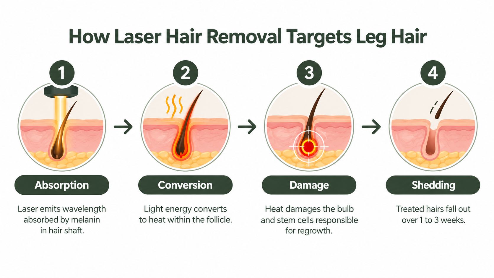 A four-step diagram illustrating the process of how laser hair removal works on a hair follicle.