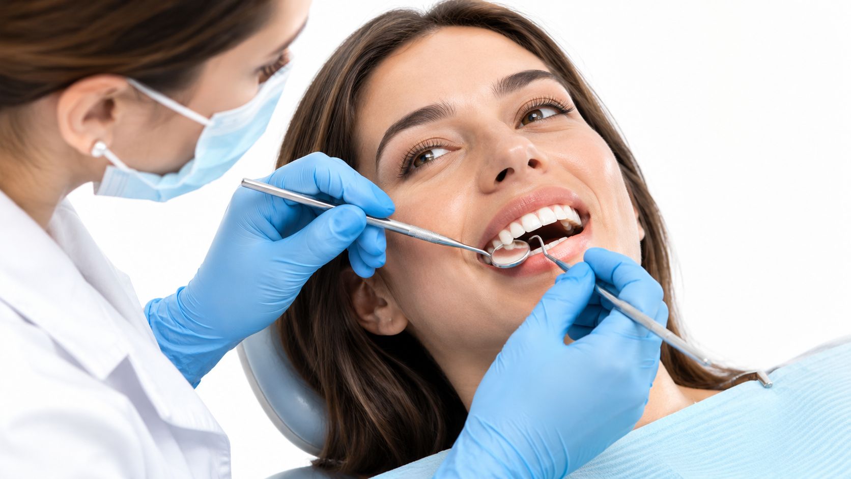 A professional dentist examining a female patient's teeth during a routine checkup in a bright dental clinic.