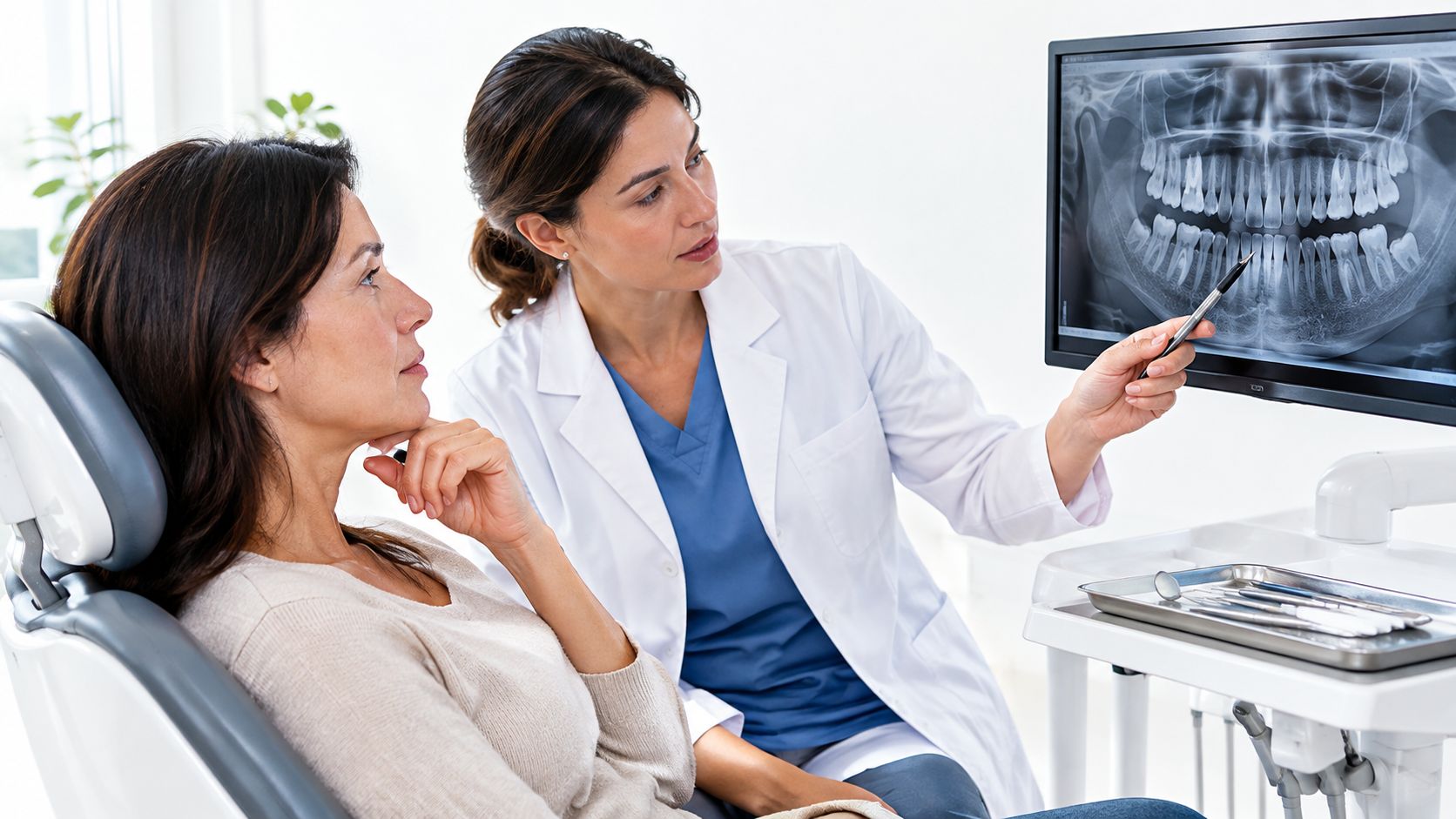 A female dentist explains dental x-rays to her patient during a professional consultation at a clinic.