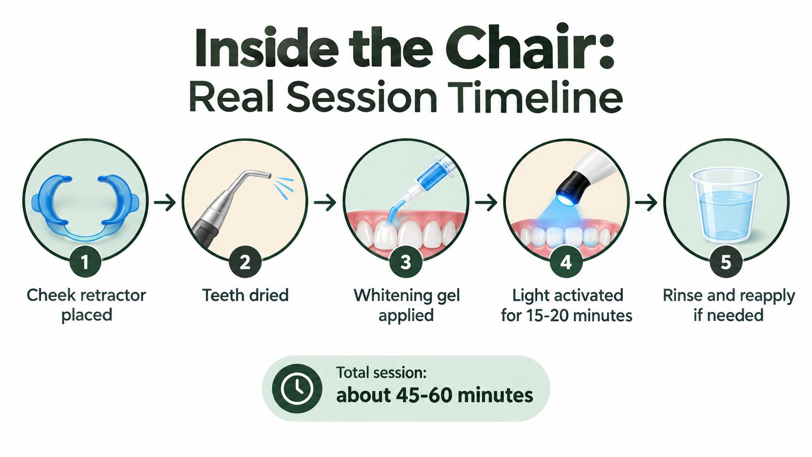 A step-by-step infographic showing the professional in-office teeth whitening procedure timeline from start to finish.