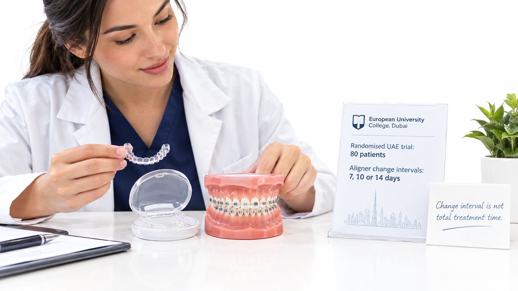 A female dentist holding a clear dental aligner next to a dental model with braces in clinic.
