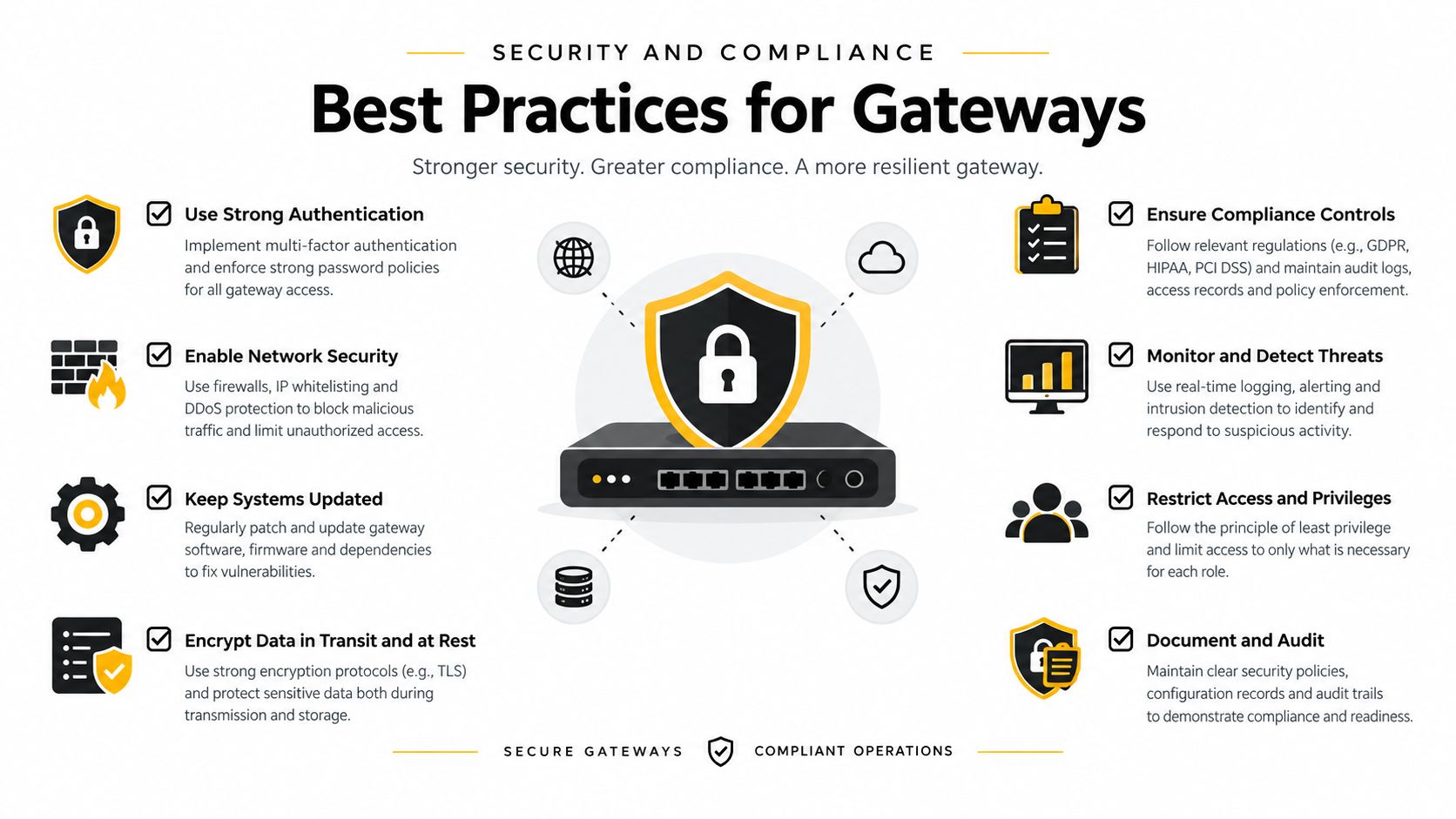 An infographic illustrating essential security and compliance best practices for protecting network gateway infrastructure and data.