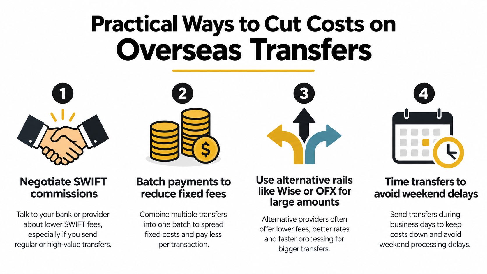 An infographic showing four practical tips to reduce costs when transferring money to overseas bank accounts.