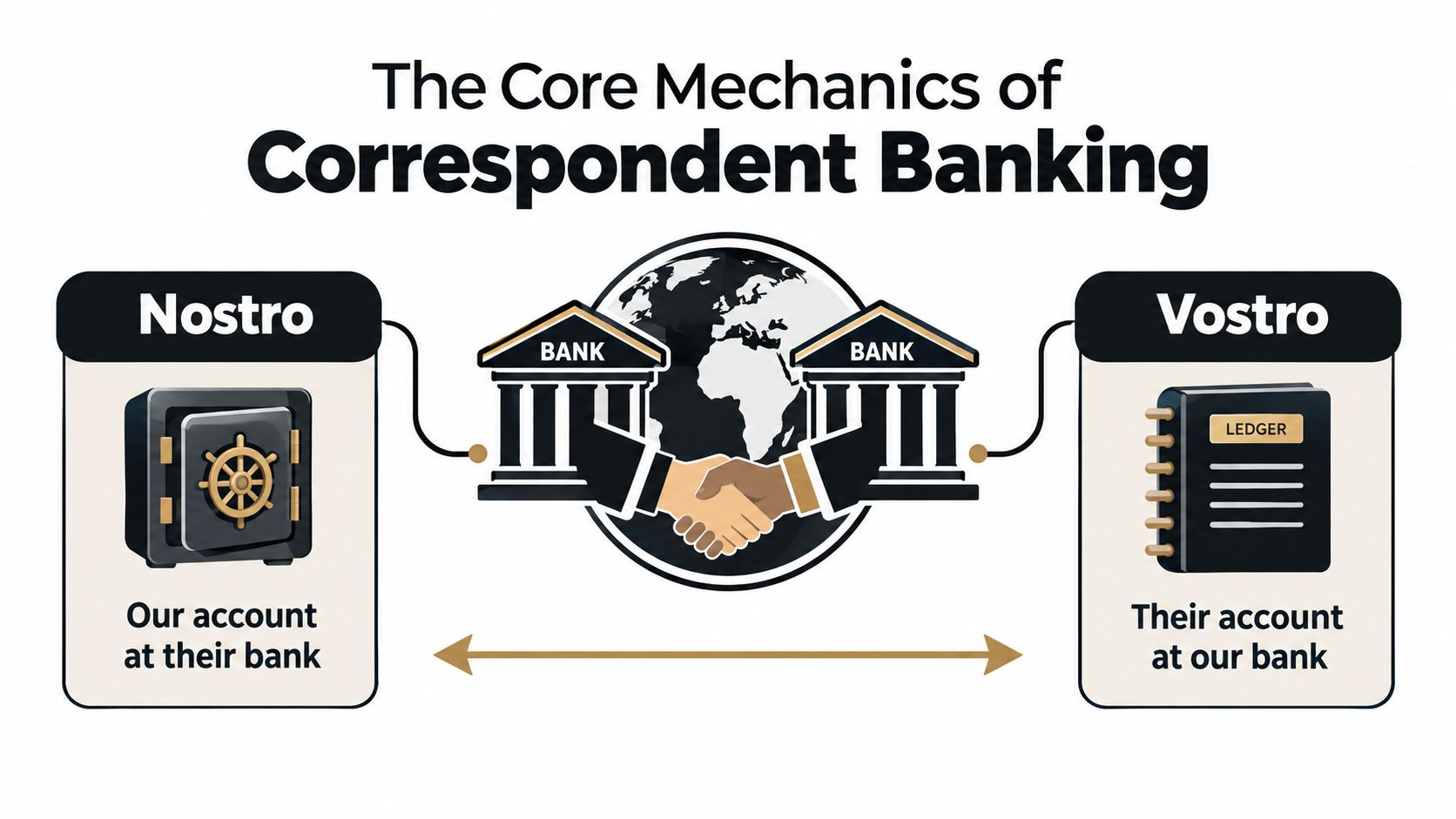 An infographic explaining correspondent banking through Nostro and Vostro account definitions with bank icons and symbols.