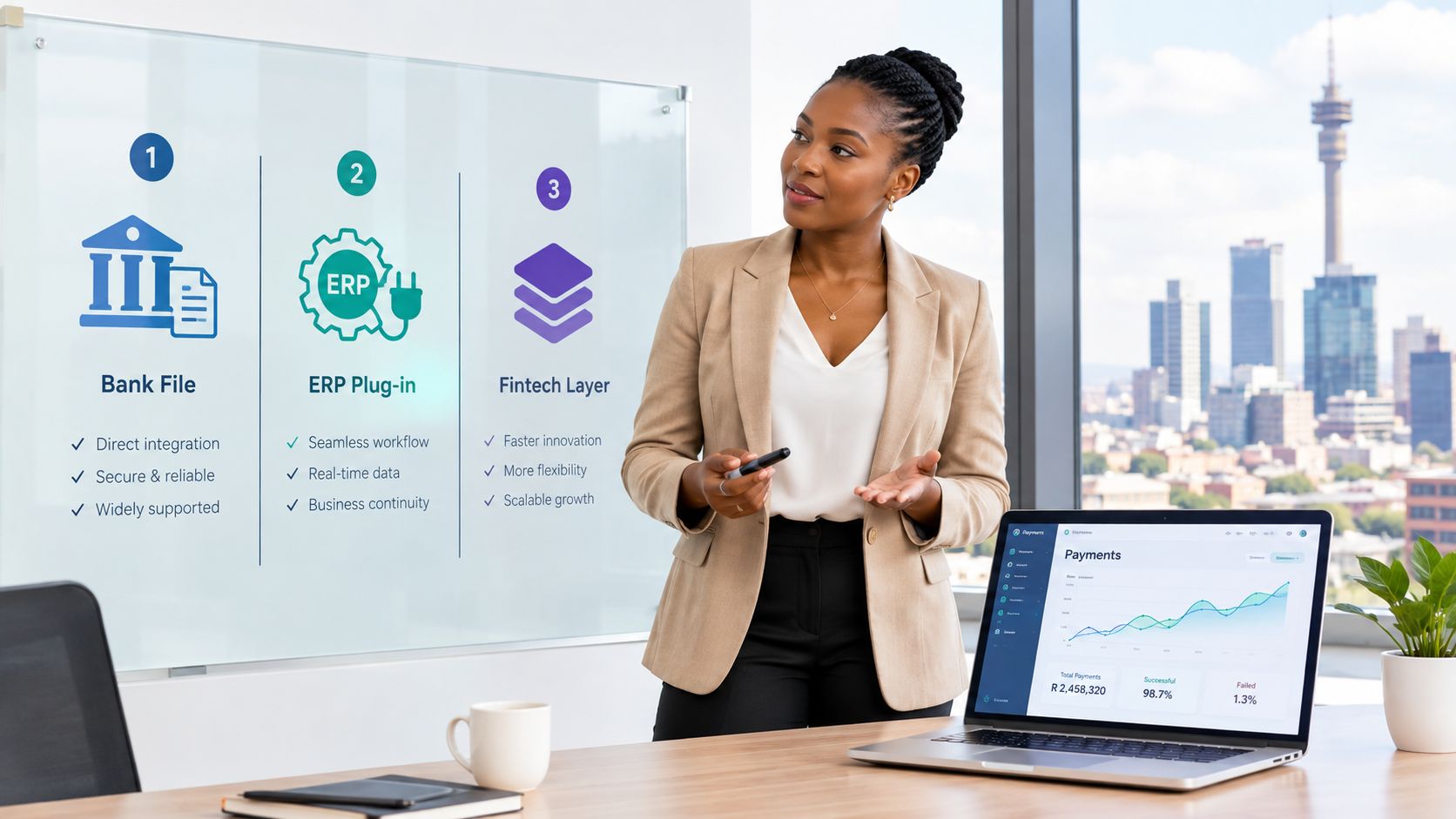 A professional woman presenting a three-step financial workflow strategy in a modern office with city views.