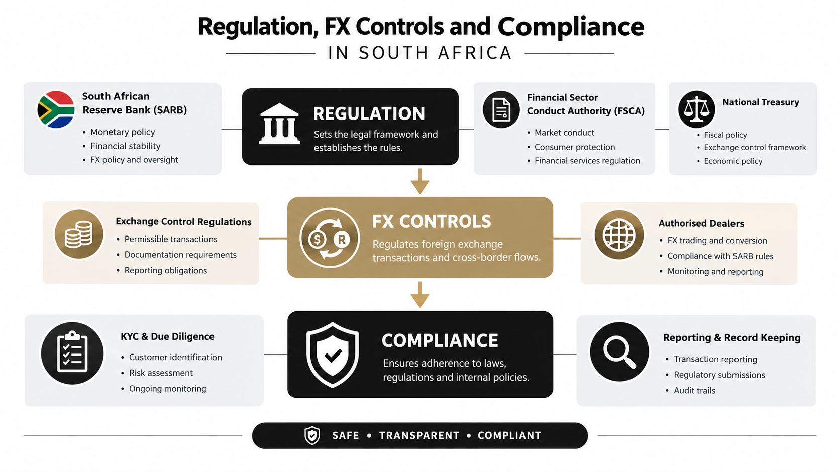 A diagram illustrating the regulatory framework for foreign exchange controls and compliance within the South African financial sector.