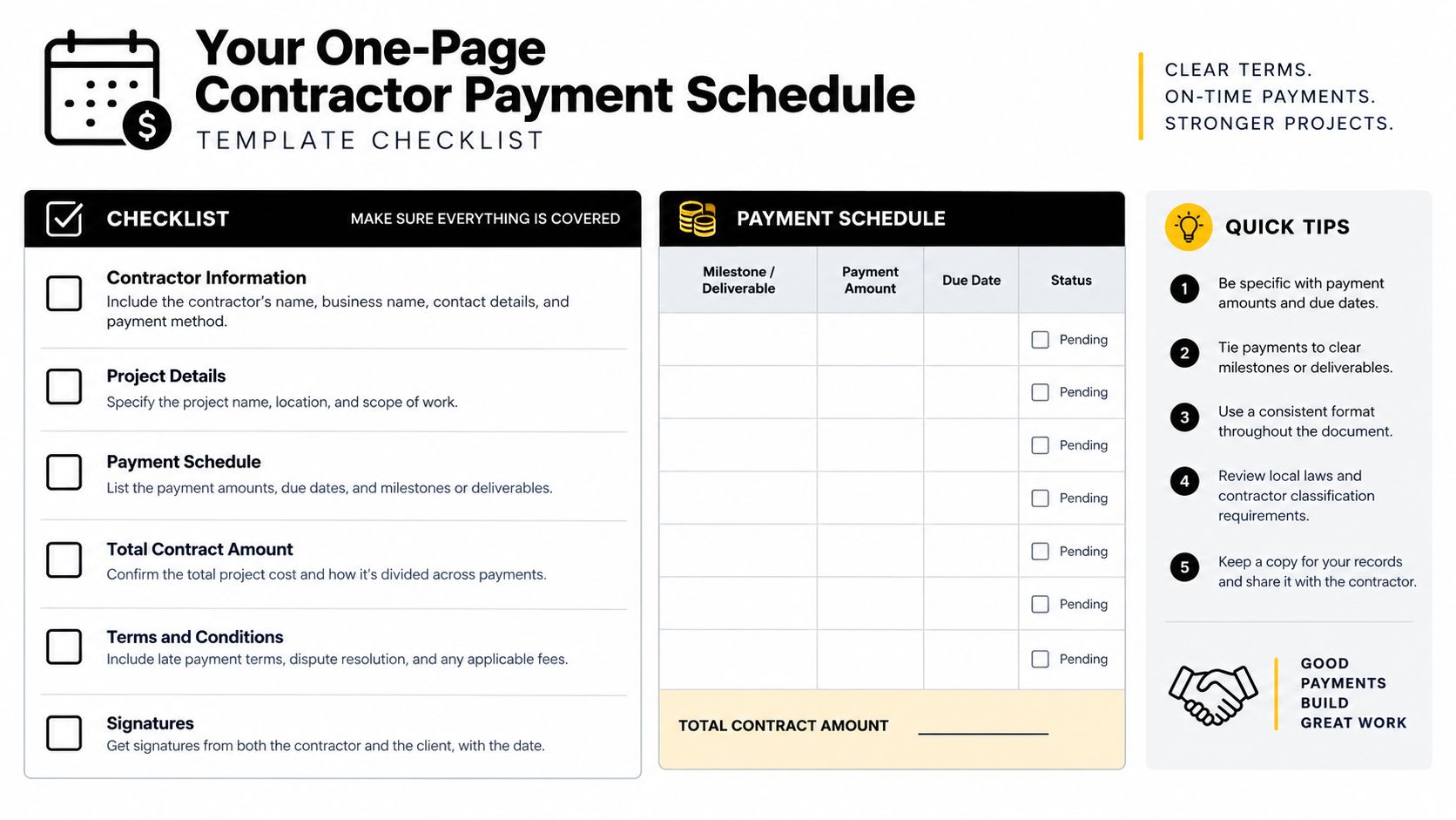 A contractor payment schedule checklist template with a table for milestones, payment amounts, and status tracking.
