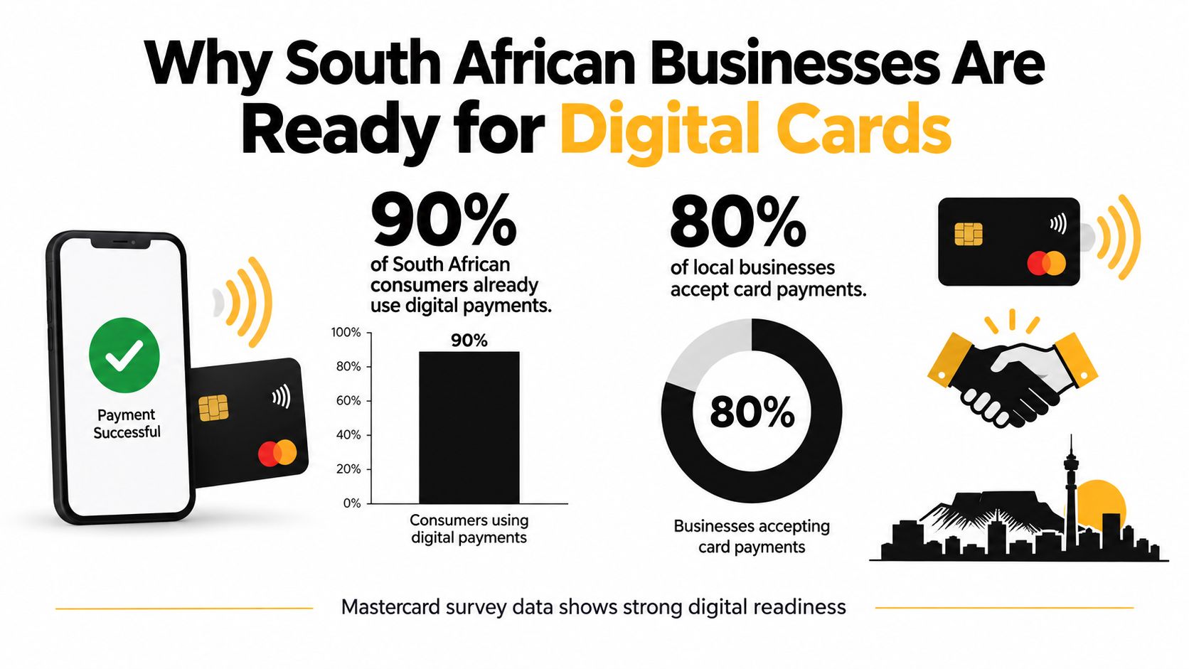 An infographic showing that 90% of South African consumers use digital payments and 80% of businesses accept cards.