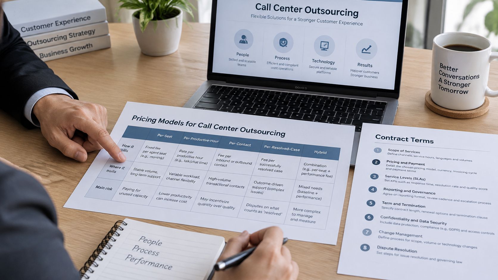 A professional reviewing call center outsourcing pricing models and contract terms on a desk with a laptop.