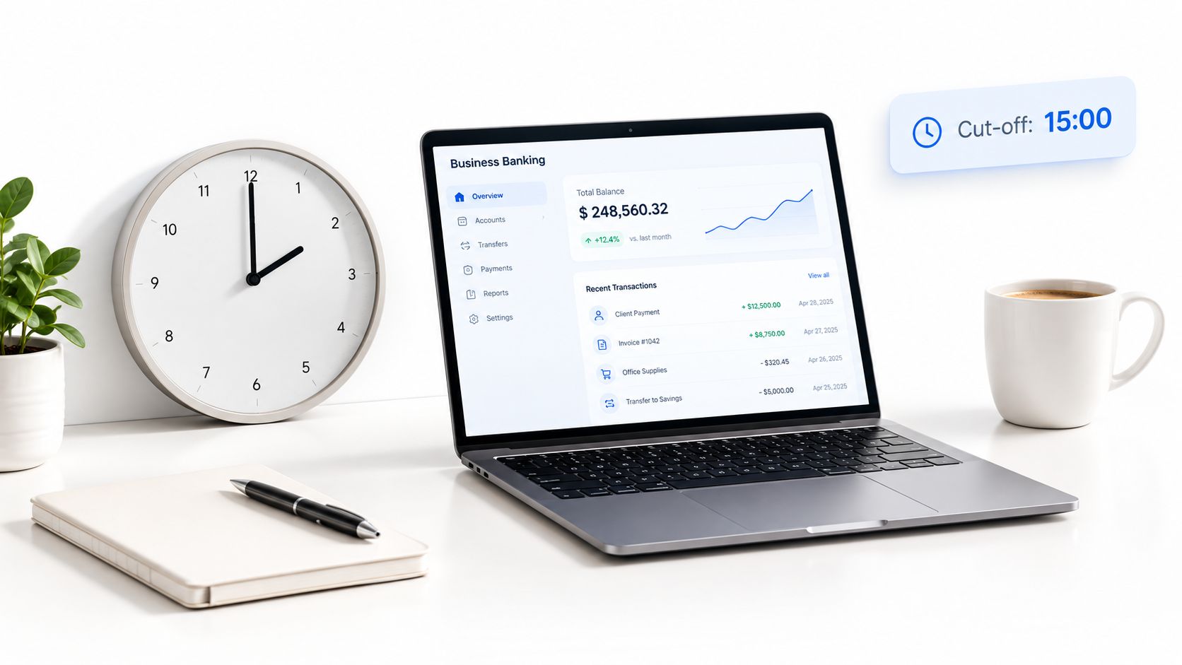 A laptop showing an online banking dashboard on a desk next to a clock and coffee mug.
