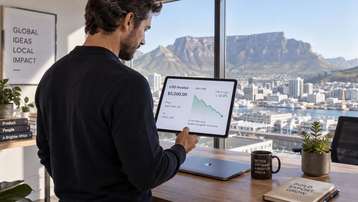 A professional man holding a tablet displaying a financial graph against a scenic Cape Town office window.